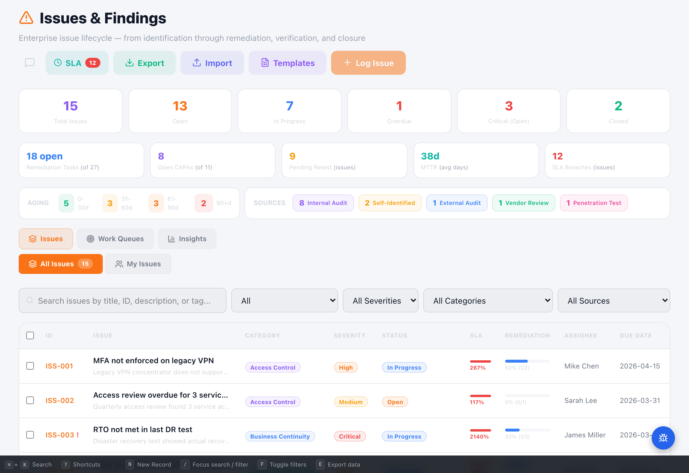 Issues & Findings Tracker — Compliance Enablers platform